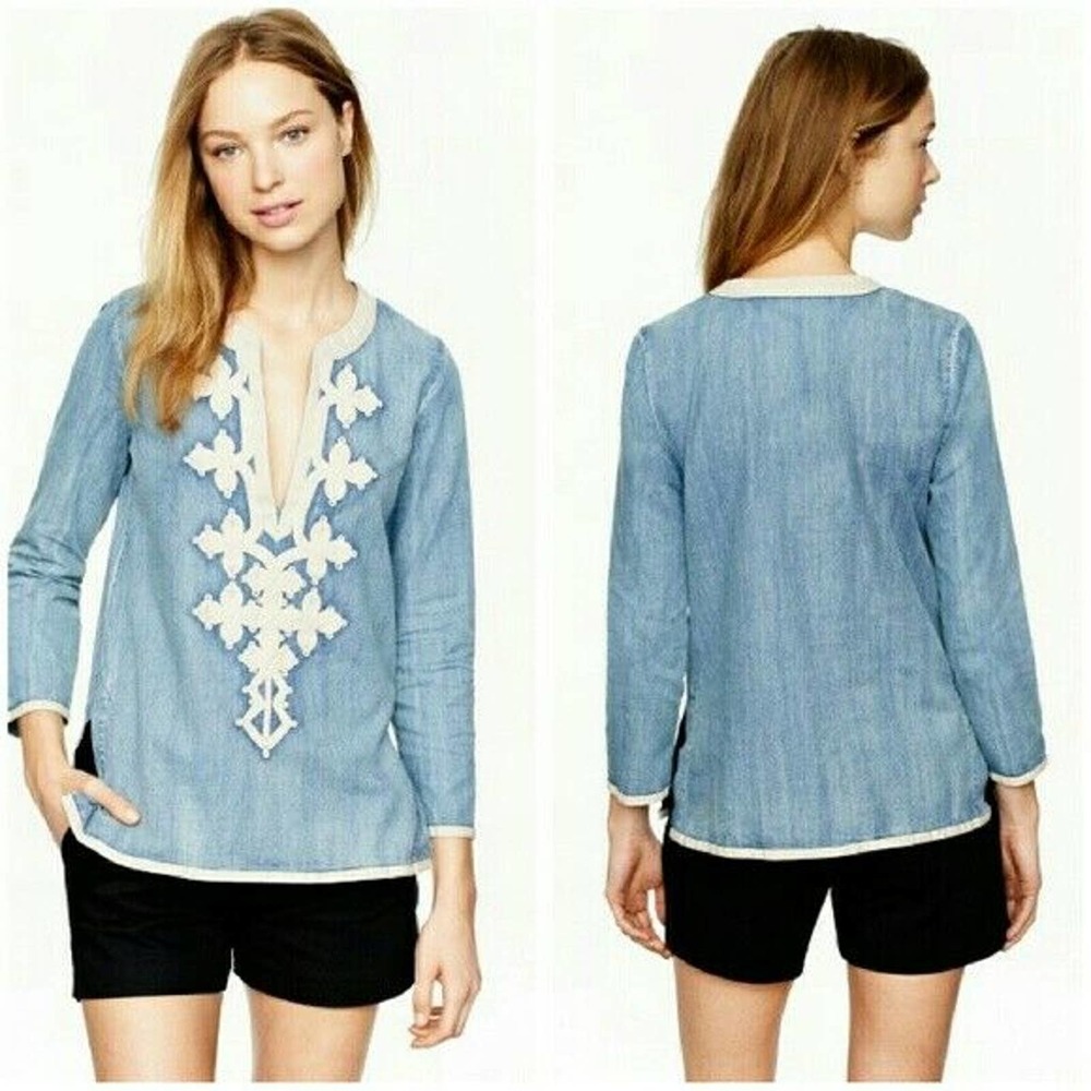 J. Crew Light Blue Chambray Tunic with White Embroidery